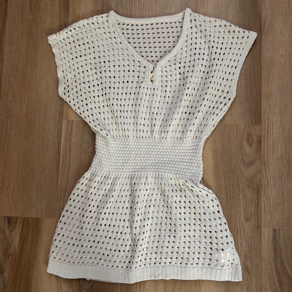 Cream Knit Babydoll Cinched Waist Boho Hippie Crochet Top Medium coverup beach